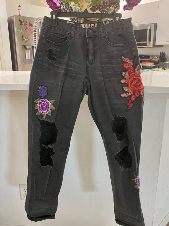 Karma Denim - Karma Black Distressed Jeans with Red & Purple Floral Embroidery